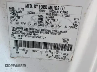 2006 Ford F-250 XL with VIN 1FTSX21P46EC69707, listed as a Copart auction lot 60047965 with Not provided miles and Salvage title. Bid and sale history available at DreamBid. Image 12.