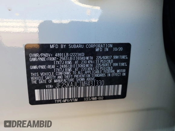 2021 Subaru Forester Premium z VIN JF2SKAJC1MH431330, wystawiony jako Copart lot #46652445 z przebiegiem 17 957 mil mil oraz Szkoda całkowita • Salvage title. Historia ofert i sprzedaży dostępna na DreamBid. Obrazek 12.