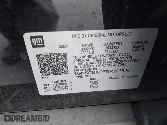 2024 Chevrolet Suburban LS with VIN 1GNSCBKD7RR221946, listed as a IAAI auction lot 40988374 with 19,394 mi miles and . Bid and sale history available at DreamBid. Image 9.