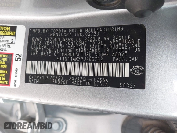 2023 Toyota Camry SE with VIN 4T1G11AK7PU786752, listed as a IAAI auction lot 41737747 with 39,872 mi miles and . Bid and sale history available at DreamBid. Image 9.