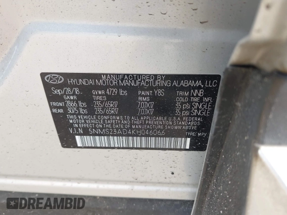 2019 Hyundai Santa Fe SE z VIN 5NMS23AD4KH046066, wystawiony jako IAAI lot #41880900 z przebiegiem 45 220 mil mil oraz . Historia ofert i sprzedaży dostępna na DreamBid. Obrazek 9.