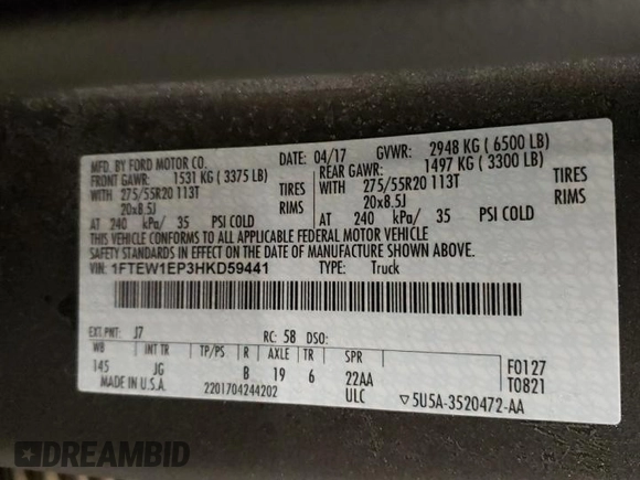 2017 Ford F-150 XL with VIN 1FTEW1EP3HKD59441, listed as a Copart auction lot 41741055 with 155,149 mi miles and Salvage Title. Bid and sale history available at carsss.com. Image 14.