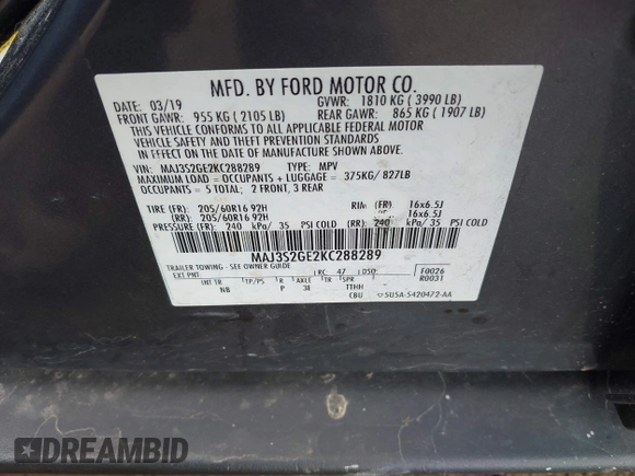 2019 Ford EcoSport SE with VIN MAJ3S2GE2KC288289, listed as a IAAI auction lot 42329260 with 116,370 mi miles and . Bid and sale history available at DreamBid. Image 9.