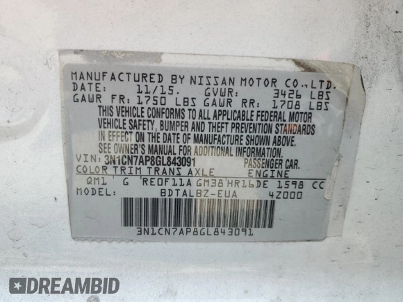 2016 Nissan Versa S Plus with VIN 3N1CN7AP8GL843091, listed as a Copart auction lot 58666595 with 99,962 mi miles and Salvage title. Bid and sale history available at DreamBid. Image 12.