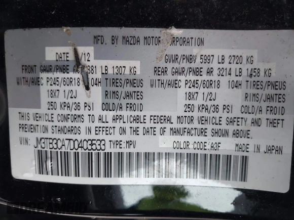 2013 Mazda CX-9 Touring z VIN JM3TB3CA7D0403533, wystawiony jako IAAI lot #41947378 z przebiegiem 152 883 mil mil oraz . Historia ofert i sprzedaży dostępna na DreamBid. Obrazek 9.