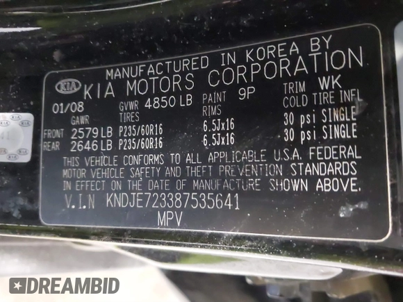 2008 Kia Sportage LX with VIN KNDJE723387535641, listed as a IAAI auction lot 41348580 with 184,430 mi miles. Bid and sale history available at carsss.com. Image 9.