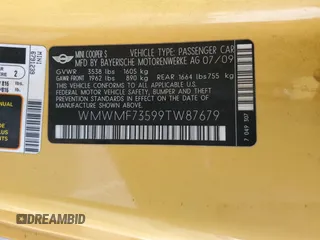2009 MINI Hardtop S with VIN WMWMF73599TW87679, listed as a Copart auction lot 46863725 with 102,976 mi miles and Salvage title. Bid and sale history available at DreamBid. Image 12.