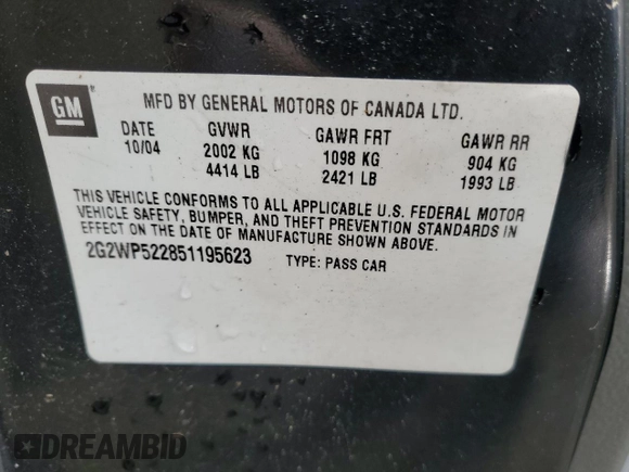 2005 Pontiac Grand Prix z VIN 2G2WP522851195623, wystawiony jako Copart lot #52716385 z przebiegiem 266 660 mil mil oraz Czysty tytuł • Clean title. Historia ofert i sprzedaży dostępna na DreamBid. Obrazek 12.