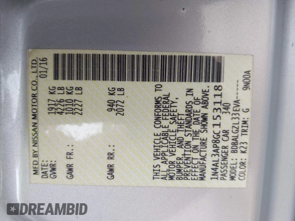2016 Nissan Altima SR with VIN 1N4AL3AP8GC153118, listed as a IAAI auction lot 42109468 with 120,644 mi miles and . Bid and sale history available at carsss.com. Image 9.