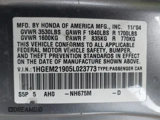 2005 Honda Civic EX with VIN 1HGEM21905L023773, listed as a IAAI auction lot 41662161 with 167,129 mi miles. Bid and sale history available at carsss.com. Image 9.