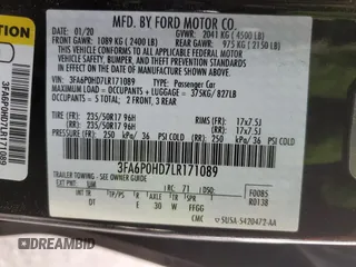 2020 Ford Fusion SE with VIN 3FA6P0HD7LR171089, listed as a Copart auction lot 45085885 with 35,019 mi miles and Salvage Title. Bid and sale history available at carsss.com. Image 12.