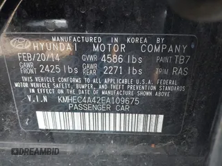 2014 Hyundai Sonata Limited with VIN KMHEC4A42EA109675, listed as a IAAI auction lot 42084992 with 212,095 mi miles and . Bid and sale history available at carsss.com. Image 9.