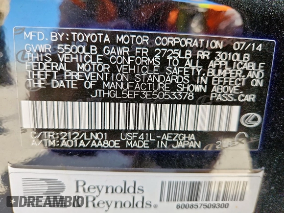 2014 Lexus LS 460 L with VIN JTHGL5EF3E5053378, listed as a Copart auction lot 61666425 with 68,013 mi miles and Salvage title. Bid and sale history available at DreamBid. Image 12.