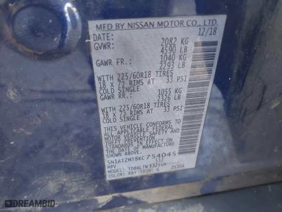 2019 Nissan Rogue SL with VIN 5N1AT2MT8KC754045, listed as a IAAI auction lot 41274957 with 86,781 mi miles. Bid and sale history available at carsss.com. Image 9.