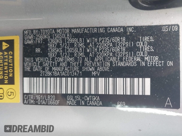 2010 Lexus RX 350 with VIN 2T2BK1BA1AC013471, listed as a IAAI auction lot 42562540 with 162,911 mi miles and . Bid and sale history available at DreamBid. Image 9.
