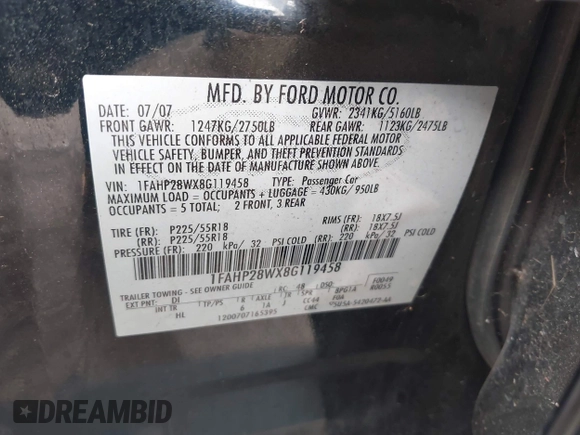 2008 Ford Taurus Limited with VIN 1FAHP28WX8G119458, listed as a IAAI auction lot 41952276 with 1 mi miles. Bid and sale history available at carsss.com. Image 9.
