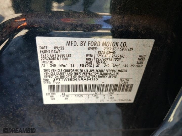 2022 Ford Maverick XL with VIN 3FTTW8E36NRA94390, listed as a Copart auction lot 75262174 with 49,395 mi miles and Salvage Title. Bid and sale history available at carsss.com. Image 13.