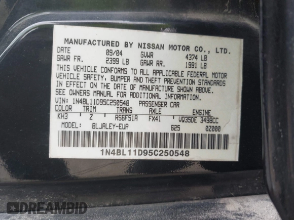 2005 Nissan Altima 3.5 SE with VIN 1N4BL11D95C250548, listed as a IAAI auction lot 42050063 with 176,734 mi miles. Bid and sale history available at carsss.com. Image 9.