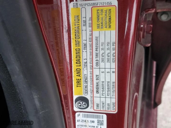 2015 Chevrolet Cruze LT with VIN 1G1PC5SB5F7121455, listed as a Copart auction lot 85923824 with 111,387 mi miles and Clean Title. Bid and sale history available at carsss.com. Image 14.