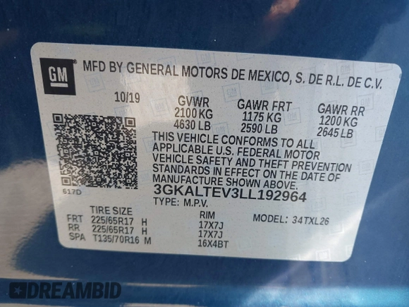 2020 GMC Terrain SLE with VIN 3GKALTEV3LL192964, listed as a IAAI auction lot 40497797 with 37,800 mi miles. Bid and sale history available at carsss.com. Image 9.
