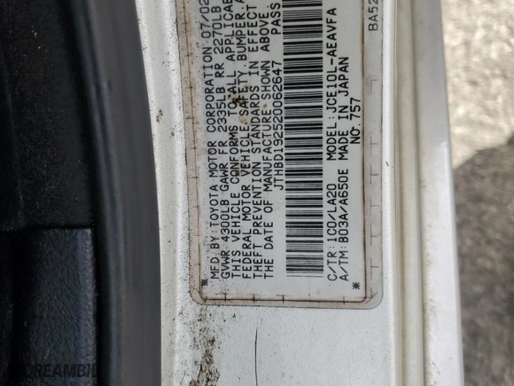 2002 Lexus IS 300 with VIN JTHBD192520062647, listed as a Copart auction lot 45965095 with 192,290 mi miles and Salvage Title. Bid and sale history available at carsss.com. Image 12.