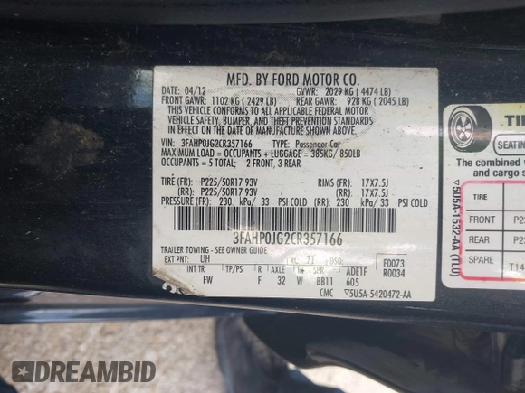 2012 Ford Fusion SEL with VIN 3FAHP0JG2CR357166, listed as a IAAI auction lot 42307014 with 194,849 mi miles and . Bid and sale history available at DreamBid. Image 9.