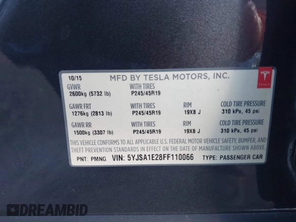 2015 Tesla Model S 85D with VIN 5YJSA1E28FF110066, listed as a IAAI auction lot 40672973 with 100,157 mi miles. Bid and sale history available at carsss.com. Image 9.