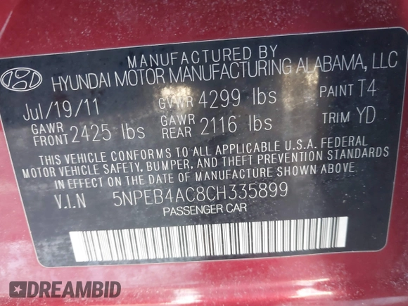 2012 Hyundai Sonata GLS with VIN 5NPEB4AC8CH335899, listed as a IAAI auction lot 41378841 with 54,837 mi miles. Bid and sale history available at carsss.com. Image 9.