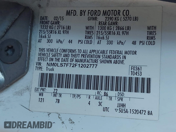 2015 Ford Transit Connect XLT with VIN NM0LS7F72F1202777, listed as a IAAI auction lot 42004476 with 120,661 mi miles and . Bid and sale history available at DreamBid. Image 9.