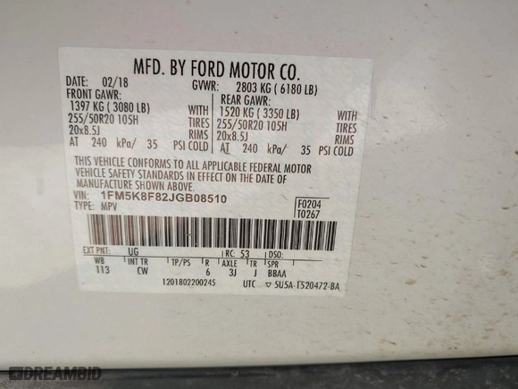 2018 Ford Explorer Limited with VIN 1FM5K8F82JGB08510, listed as a IAAI auction lot 41780565 with 164,381 mi miles. Bid and sale history available at carsss.com. Image 9.