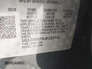2018 Chevrolet Malibu LT with VIN 1G1ZD5ST0JF233741, listed as a IAAI auction lot 41996713 with 119,129 mi miles and . Bid and sale history available at DreamBid. Image 9.