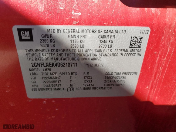 2013 Chevrolet Equinox LT with VIN 2GNFLNEK4D6213711, listed as a Copart auction lot 50861695 with 120,027 mi miles and Salvage Title. Bid and sale history available at carsss.com. Image 13.