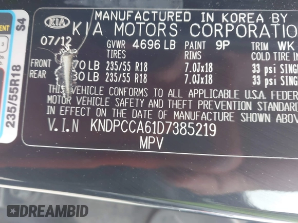 2013 Kia Sportage SX with VIN KNDPCCA61D7385219, listed as a IAAI auction lot 41945345 with 112,471 mi miles and . Bid and sale history available at carsss.com. Image 9.