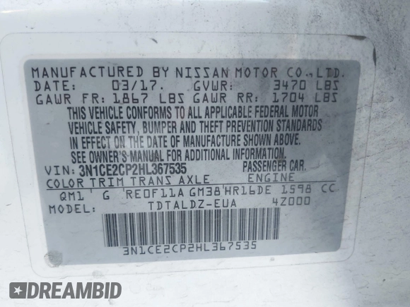 2017 Nissan Note S Plus with VIN 3N1CE2CP2HL367535, listed as a IAAI auction lot 42093239 with 120,243 mi miles and . Bid and sale history available at DreamBid. Image 9.