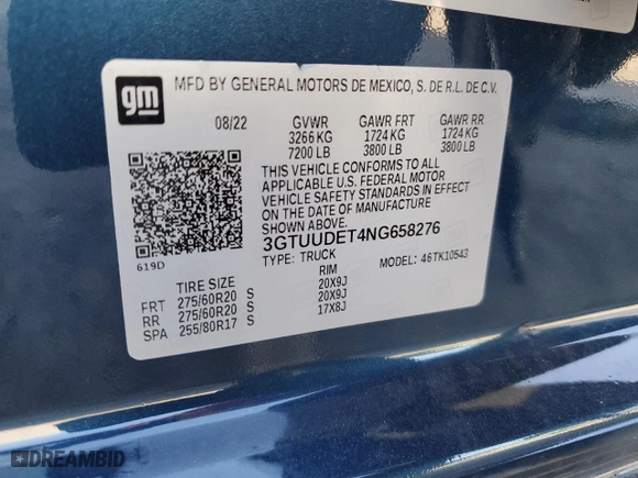 2022 GMC Sierra 1500 SLT with VIN 3GTUUDET4NG658276, listed as a Copart auction lot 73863854 with 33,971 mi miles and Salvage Title. Bid and sale history available at carsss.com. Image 14.