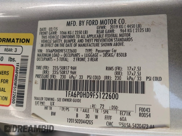 2015 Ford Fusion SE with VIN 1FA6P0HD9F5122600, listed as a IAAI auction lot 41920122 with 177,141 mi miles. Bid and sale history available at carsss.com. Image 9.