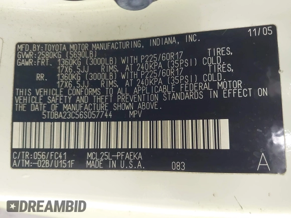 2006 Toyota Sienna LE with VIN 5TDBA23C56S057744, listed as a IAAI auction lot 41663288 with 158,299 mi miles and . Bid and sale history available at DreamBid. Image 9.