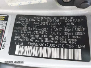 2007 Hyundai Veracruz GLS with VIN KM8NU73CX7U007710, listed as a IAAI auction lot 42136963 with 175,111 mi miles and . Bid and sale history available at DreamBid. Image 9.