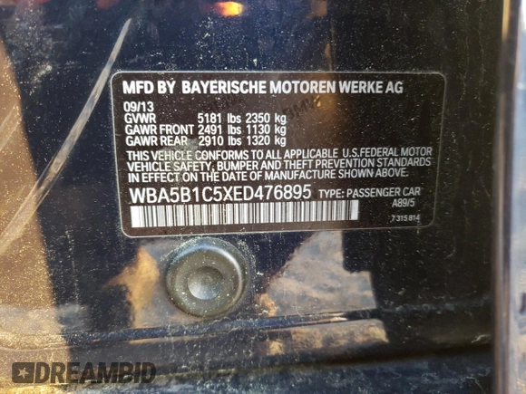 2014 BMW 5 Series 535i with VIN WBA5B1C5XED476895, listed as a Copart auction lot 52881755 with 258,946 mi miles and Salvage Title. Bid and sale history available at carsss.com. Image 12.