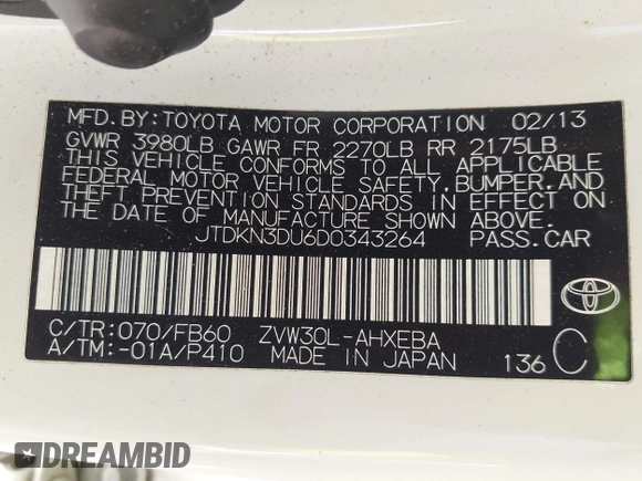 2013 Toyota Prius One z VIN JTDKN3DU6D0343264, wystawiony jako IAAI lot #42170569 z przebiegiem 124 533 mil mil oraz . Historia ofert i sprzedaży dostępna na DreamBid. Obrazek 9.