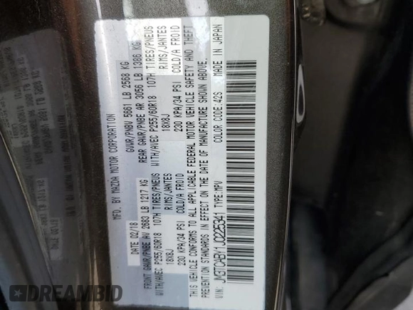 2018 Mazda CX-9 Sport with VIN JM3TCABY1J0225341, listed as a Copart auction lot 47095545 with Not provided miles and Salvage title. Bid and sale history available at DreamBid. Image 13.