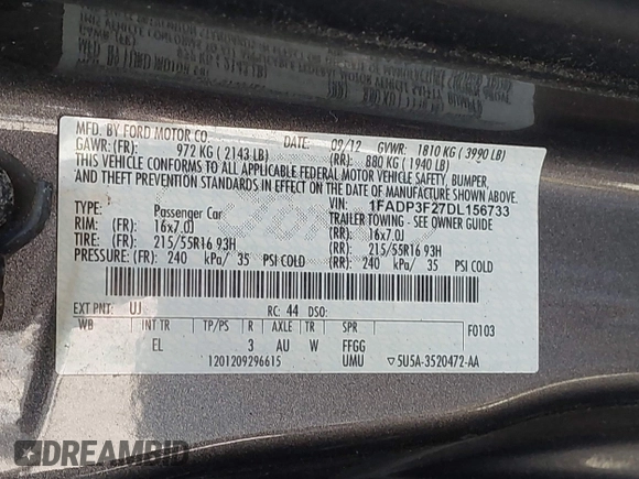 2013 Ford Focus SE with VIN 1FADP3F27DL156733, listed as a IAAI auction lot 41998196 with 116,692 mi miles. Bid and sale history available at carsss.com. Image 9.