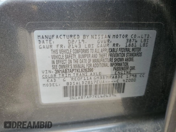2019 Nissan Sentra SV with VIN 3N1AB7AP7KL626396, listed as a Copart auction lot 51130995 with 93,772 mi miles and Salvage Title. Bid and sale history available at carsss.com. Image 14.