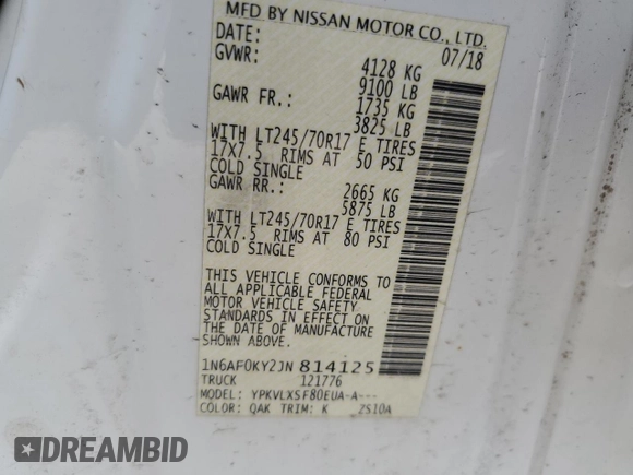 2018 Nissan NV SV with VIN 1N6AF0KY2JN814125, listed as a Copart auction lot 48872765 with 123,301 mi miles and Salvage Title. Bid and sale history available at carsss.com. Image 12.