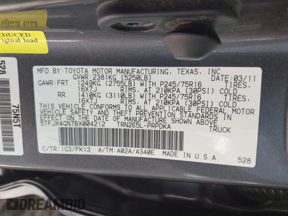 2011 Toyota Tacoma with VIN 5TFJX4GN7BX004212, listed as a IAAI auction lot 42590852 with 153,403 mi miles and . Bid and sale history available at DreamBid. Image 9.