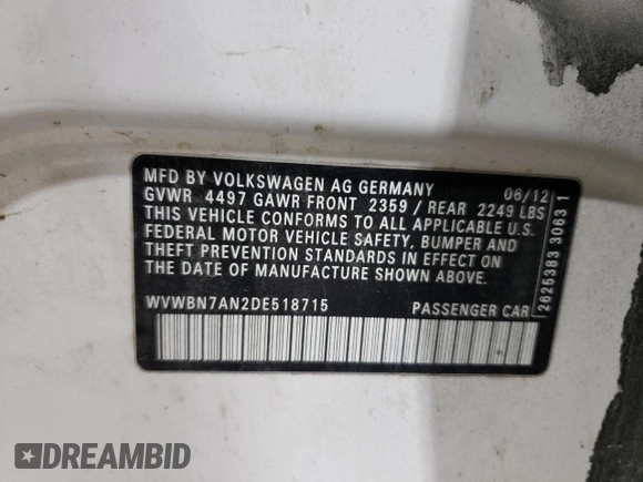 2013 Volkswagen CC Sport with VIN WVWBN7AN2DE518715, listed as a Copart auction lot 48177325 with 151,622 mi miles and Clean Title. Bid and sale history available at DreamBid. Image 12.