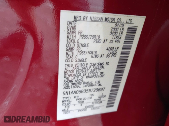 2005 Nissan Armada SE z VIN 5N1AA08B35N728697, wystawiony jako IAAI lot #42026114 z przebiegiem 107 823 mil mil oraz . Historia ofert i sprzedaży dostępna na DreamBid. Obrazek 9.