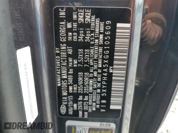 2016 Kia Sorento EX with VIN 5XYPH4A5XGG105609, listed as a Copart auction lot 52867655 with 79,604 mi miles and Salvage Title. Bid and sale history available at DreamBid. Image 15.