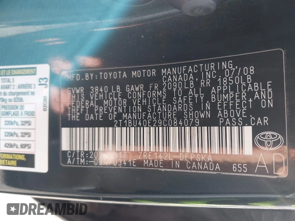 2009 Toyota Corolla with VIN 2T1BU40E29C084079, listed as a IAAI auction lot 41932383 with 172,784 mi miles. Bid and sale history available at carsss.com. Image 9.