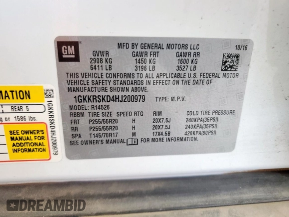 2017 GMC Acadia Limited with VIN 1GKKRSKD4HJ200979, listed as a Copart auction lot 57683335 with 113,357 mi miles and Salvage title. Bid and sale history available at DreamBid. Image 13.